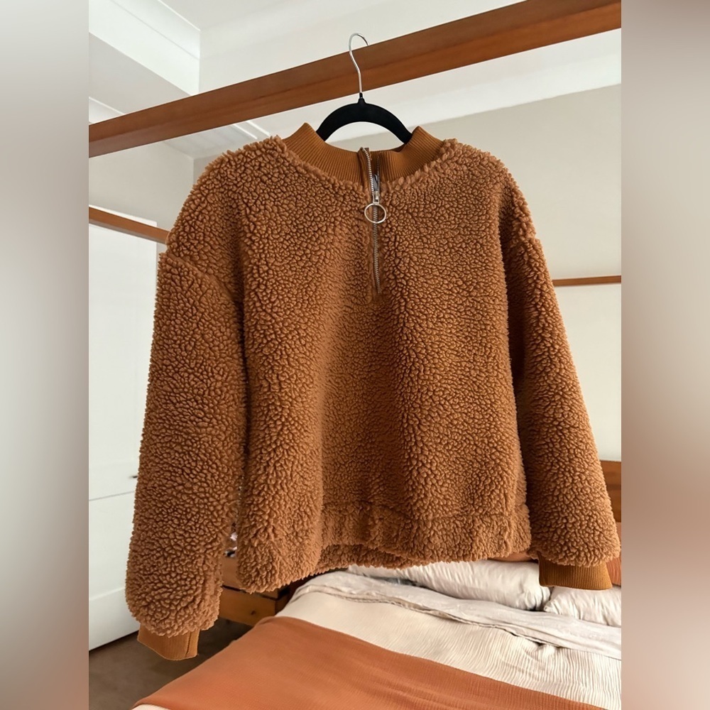 J.O.A Teddy Fur Pullover Sweater Jacket | Tan Brown | Size Medium - Picture 10 of 11